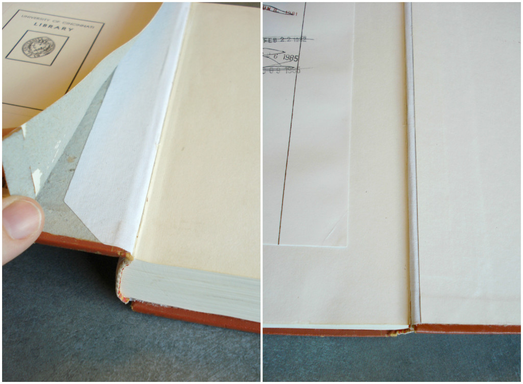 Left: The cloth hinge is adhered to the spine of the textblock and then the flap is adhered directly to the board, underneath the lifted pastedown. Right: When the pastedown is laid back down only a small portion of the hinge is visible.