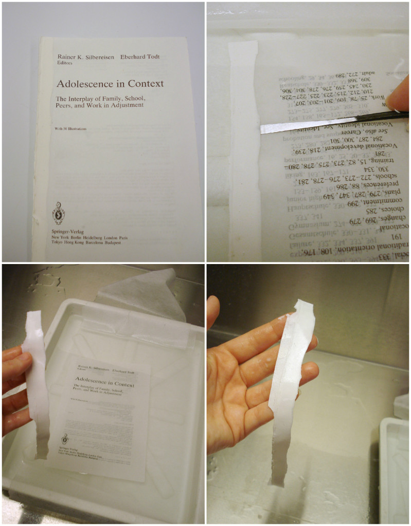 After a little more than 5 minutes in the water bath the original paper hinge popped right off.  While the repair is not the current best practice for reattaching the textblock to its case, it was always performed using quality, archival materials that could be removed, if need be.