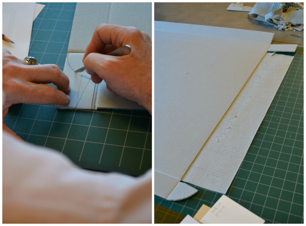 Once we had the instructions, we handed them over to Chris and Pat so they could give them a test drive.  Above left: Pat cutting out the curved tab that will help hold the opening side in place.  Above right: the delaminated portion of bottom board that wraps around the head and tail walls offers additional support while making the box more aesthetically appealing.