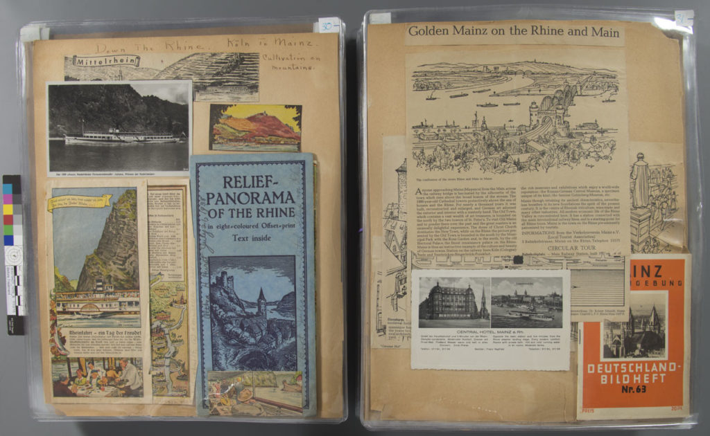 THE PRESERVATION LAB: A collaboration between the University of Cincinnati and the Public Library of Cincinnati and Hamilton County Object Institution & Library: PLCH CALL #: 977.178092 ffH966Zh 1938 SUBJECT: Althea Hurst scrapbook, 1938 - documents the journey of four Cincinnati school teachers - took a trip to Canada, Nortern Europe, Germany, Eastern Europe, and France. Scrapbook filled with photographs, brochures, notes and other ephemera. DATABASE ID: 1015 ITEM #: i83079427 TREATMENT ID: LIGHTING: EcoSmart 27-Watt (100W) Full Spectrum Craft CFL Fluorescent with sock diffusers FILTER(s): none COMMENTS: CREATOR: Jessica Ebert WEBSITE: thepreservationlab.org