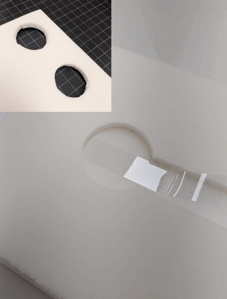 Two images - a hand cut circle into foam and a circle cut with the Hercules foam cutter.